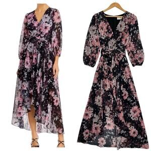 Eliza J Dress Womens 6 Black Pink Floral Maxi Wrap Chiffon Metallic Wimsigoth